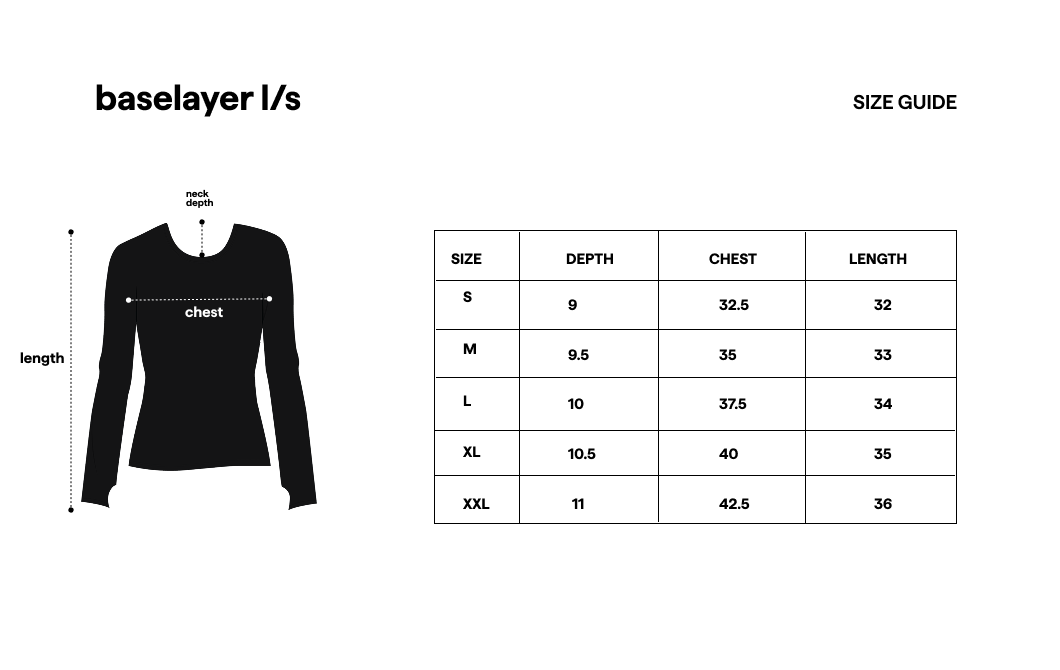 Baselayer L/S White size guide