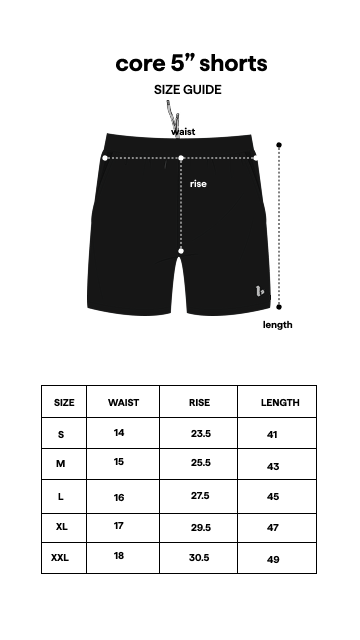 Core Shorts 5" Navy size guide
