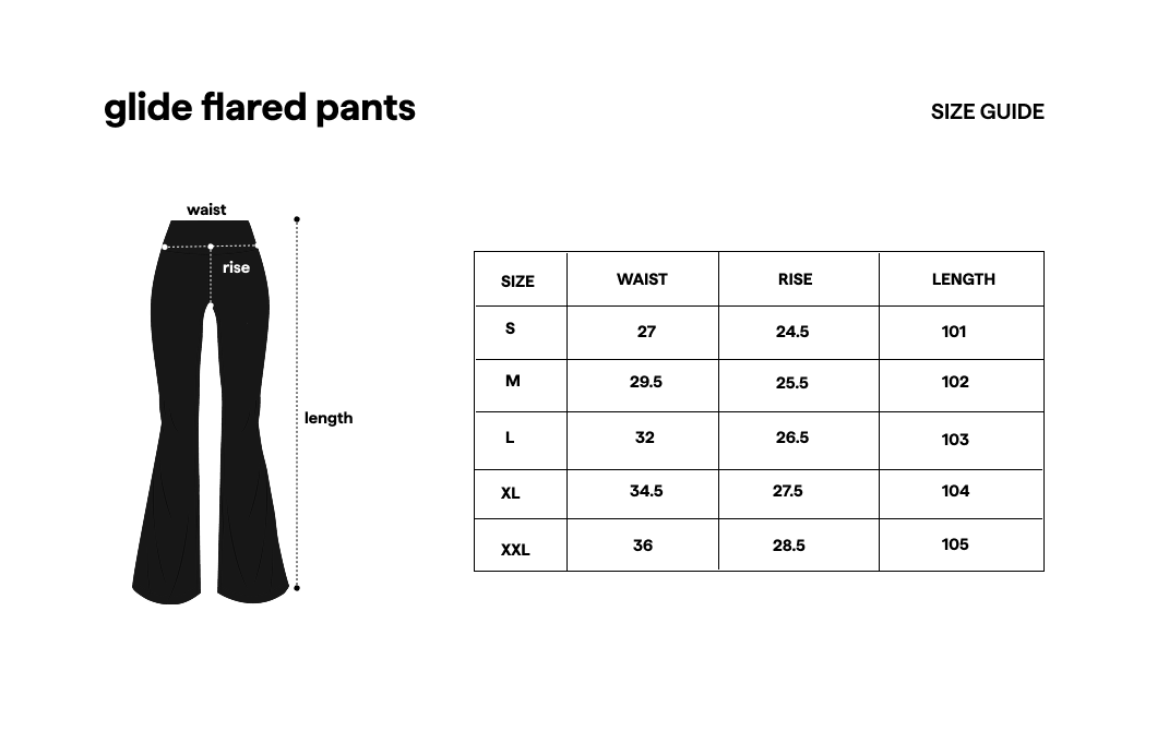 Glide Flared Pants Navy size guide