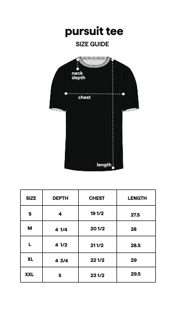 Pursuit Tee Grey size guide