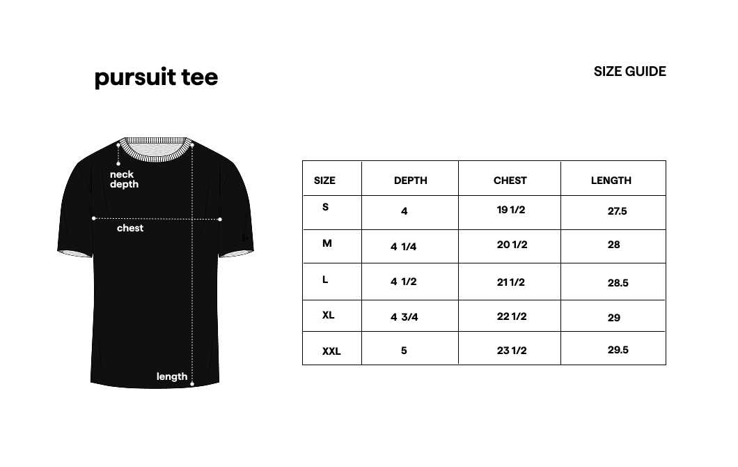 Pursuit Tee Grey size guide