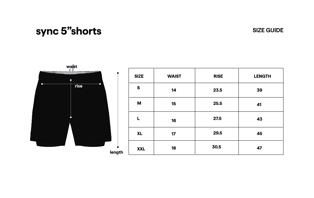 Sync Shorts 5" Black size guide