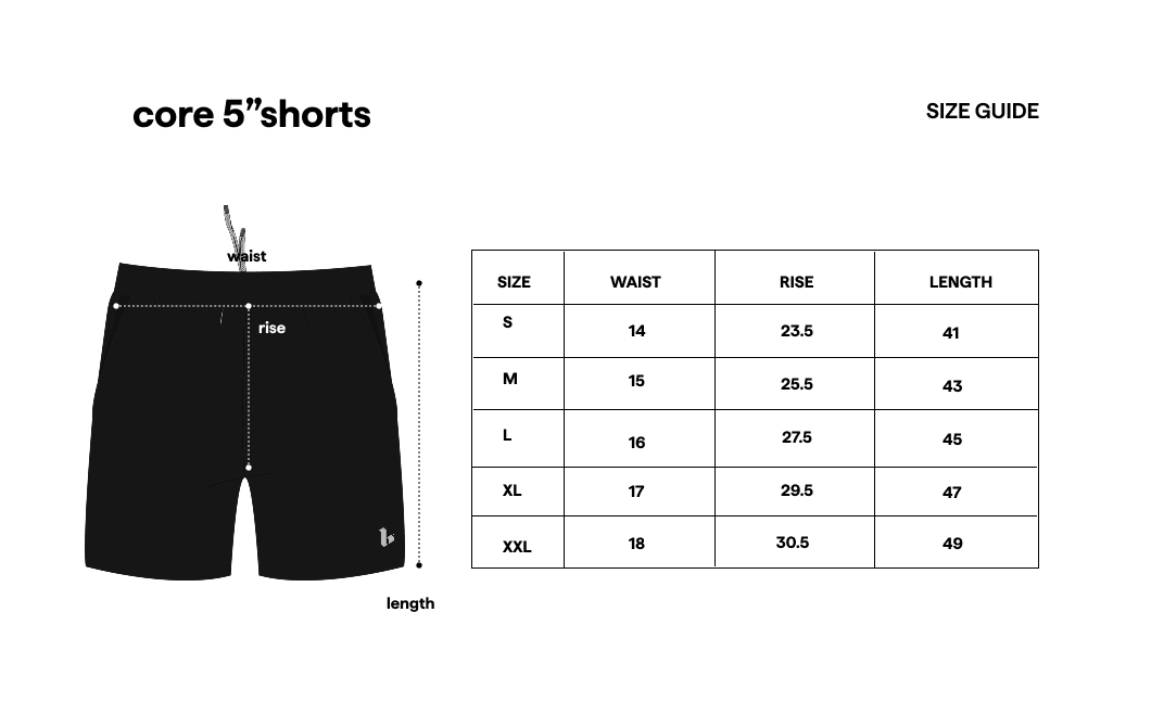 Core Shorts 5" Grey size guide