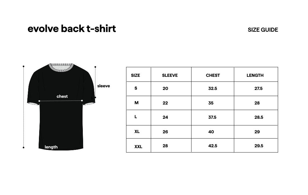 Evolve Back Tee size guide